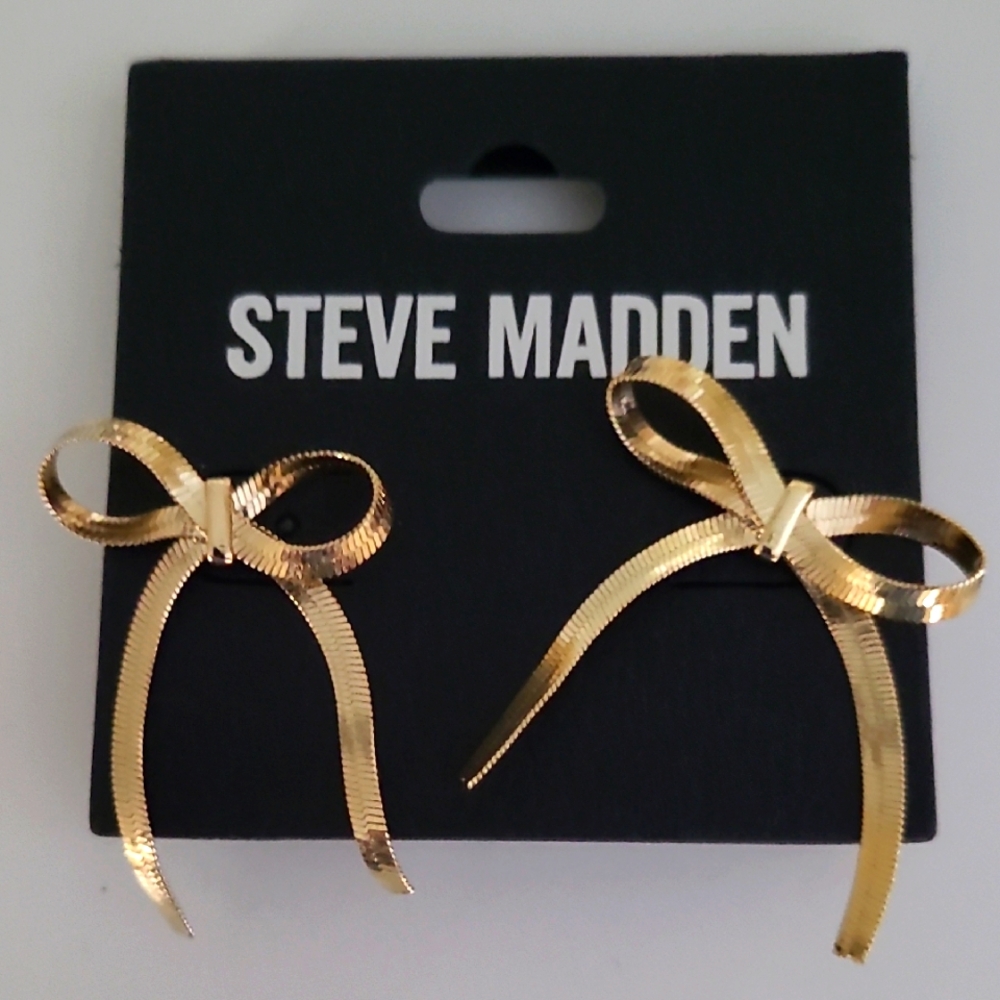 Steve Madden Gold Herringbone BOW Earrings NEW